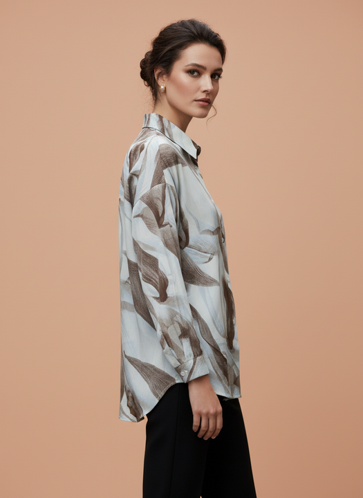 Women Light Blue Brown Abstract Floral Print Button Down Shirt