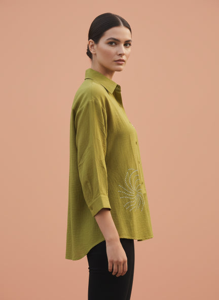 Olive Green Beaded Spiral Linen Shirt