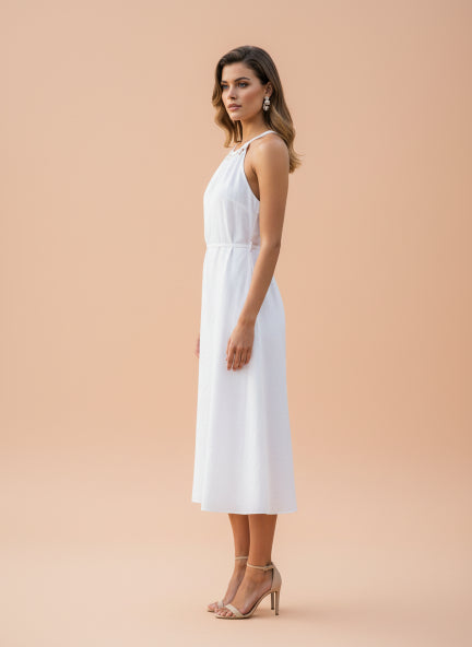 Elegant White Halter Neck Midi Dress for Women