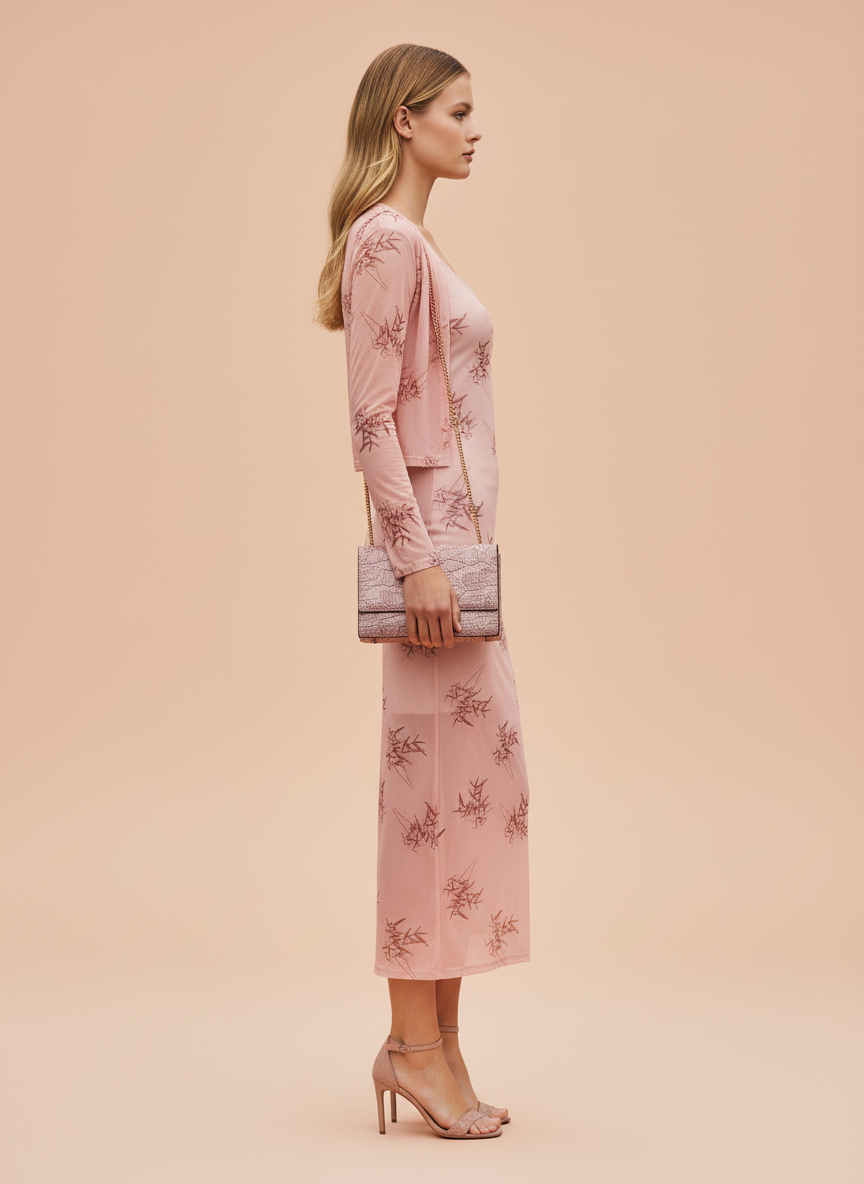 Elegant Pink Printed Midi Dress for Women with Shrug