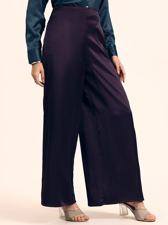 Luxury Satin Wide Leg Pants European Fabric  Plum Wine Glam Look