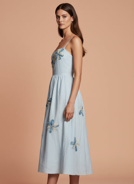 Elegant Sky Blue Floral Embroidered Midi Dress for Women