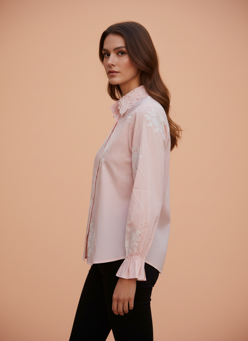 Pink Lace Embroidered Shirt for Women