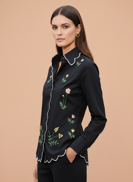 Elegant Black Floral Embroidered Scallop Edge Shirt for Women