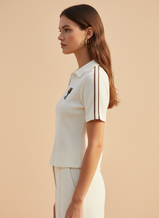 Women’s Cream Ribbed Knit Polo T-Shirt