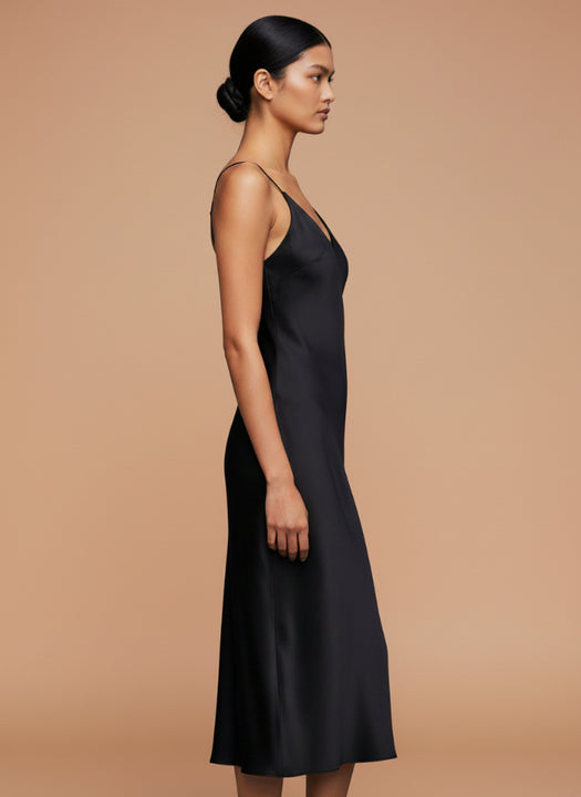 European Satin Black Midi Dress