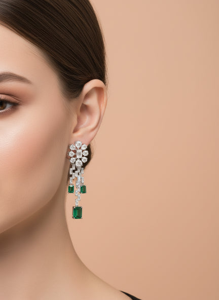 Luxury Silver-Tone Cubic Zirconia Floral Drop Necklace & Emerald Dangle Earrings Set