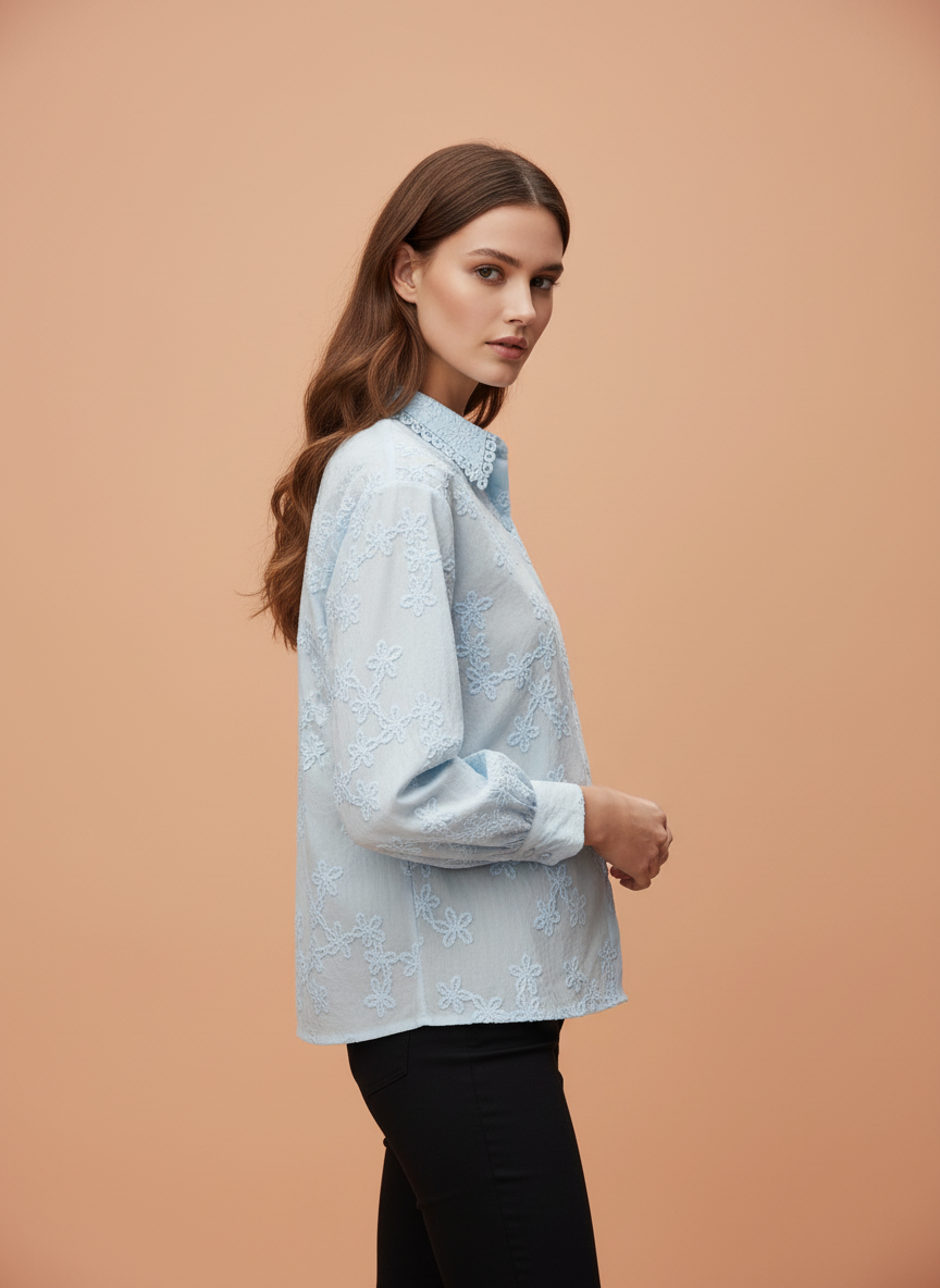 Light Blue Floral Embroidered Women Shirt