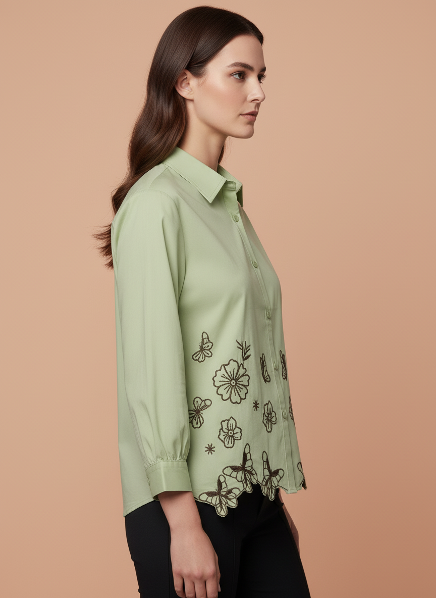 Sage Green Floral Butterfly Embroidered Shirt