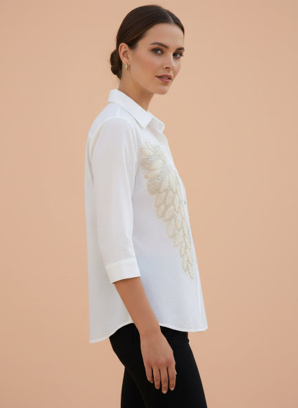 White Beaded Leaf Linen Shirt