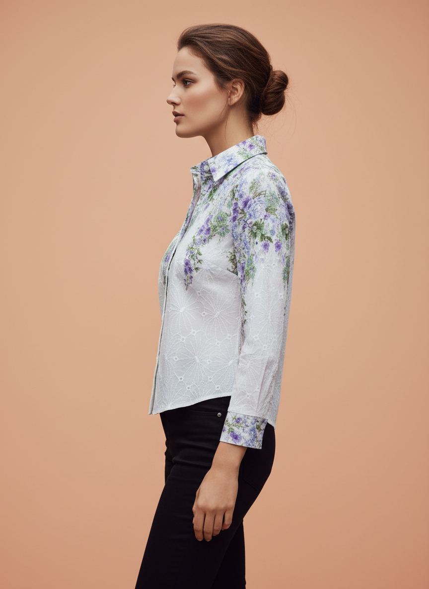 White Purple Floral Embroidered Shirt for Women