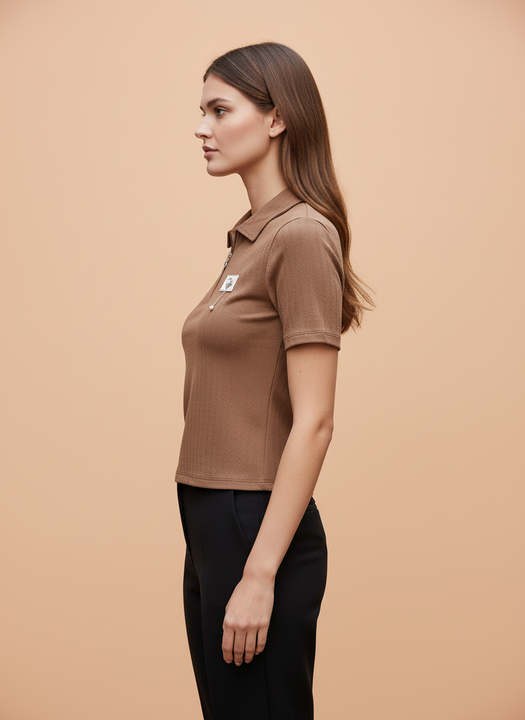 Brown Zip-Up Ribbed Polo T-Shirt for Women