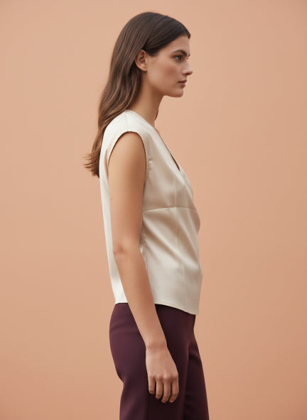 European Satin V Neck Pleated Sleeveless Top