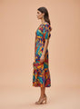 Rayon Printed Puff Sleeve A Line Front Button Maxi Dress