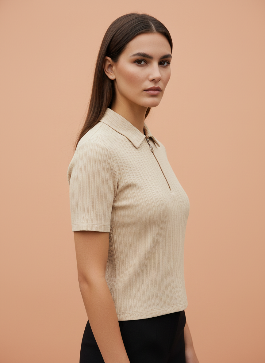 Women’s Beige Ribbed Knit Half-Zip Polo T-Shirt