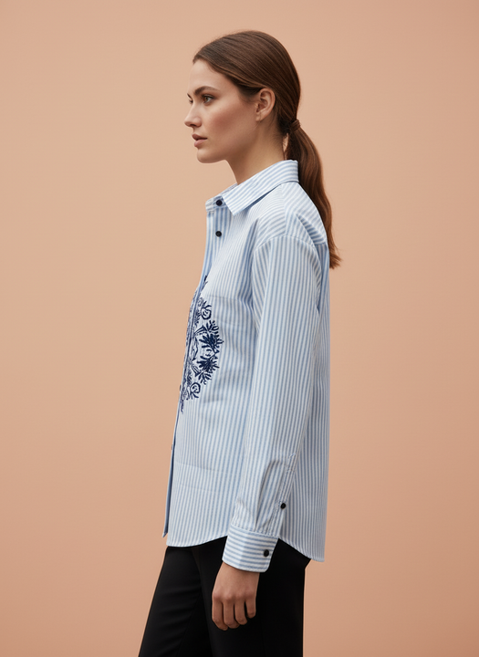 Chic Blue Striped Embroidered Shirt for Women