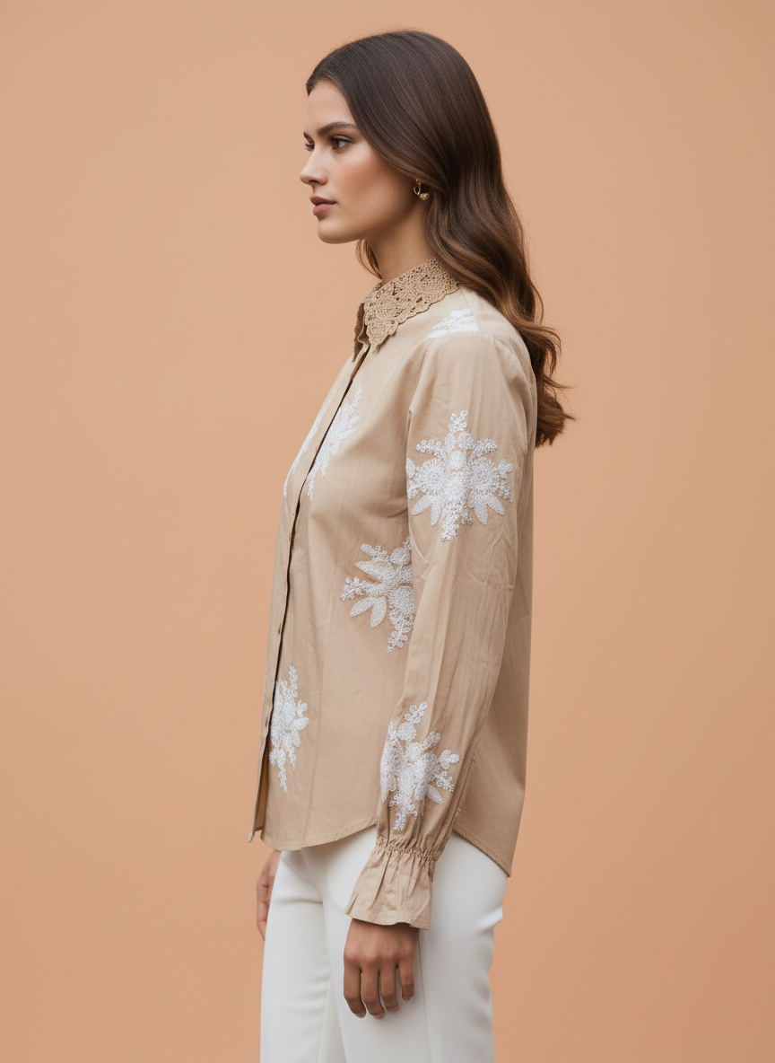 Beige Lace Embroidered Cotton Shirt for Women