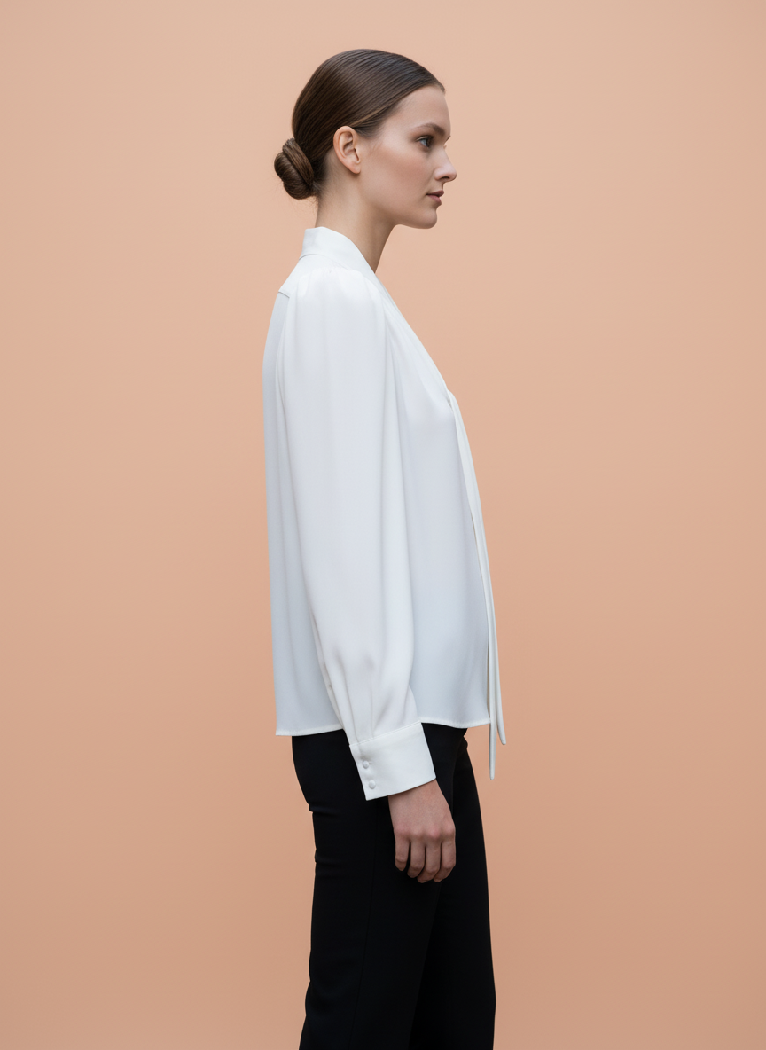 White Puff Sleeve Tie-Neck Blouse