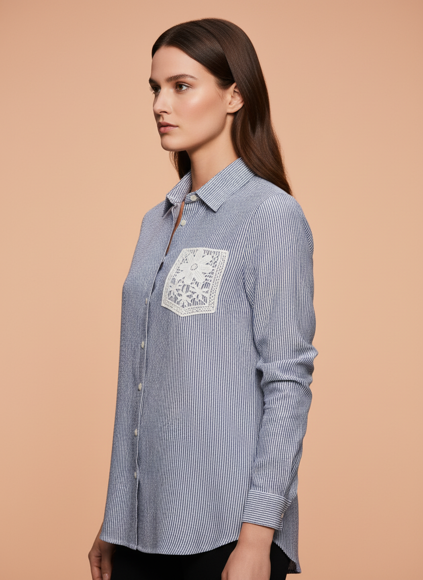 Skyline Blue Striped Lace Pocket Designer Shirt