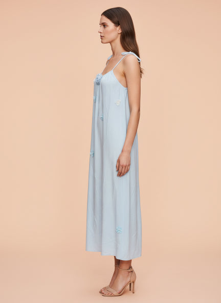 Sky Blue Floral Appliqué Midi Dress