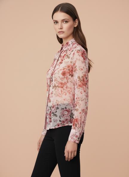 Premium Organza Pink And Green Long Length Curved Hem Digital Print Shirt