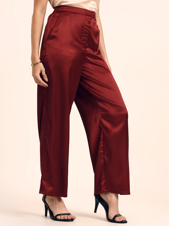 Luxury Satin Wide Leg Pants European Fabric  Wine Red Glam Look