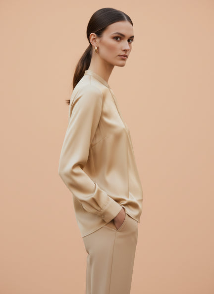 Summer Satin Gold Front Pleated Tunic