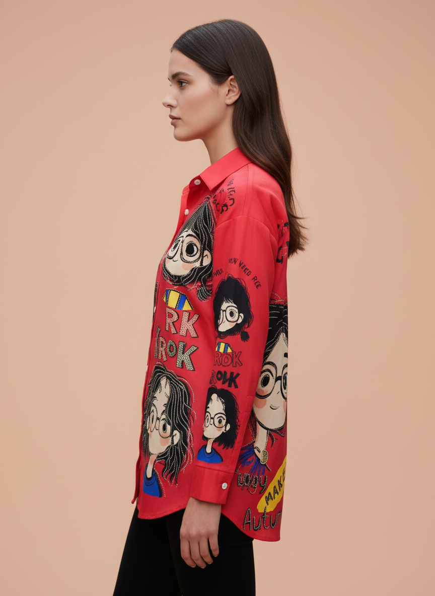 Red Graphic Printed Casual Shirt for Women Quirky Cartoon Design