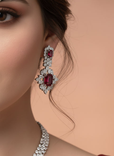 Red Ruby Cubic Zirconia Necklace & Earrings Set for Women