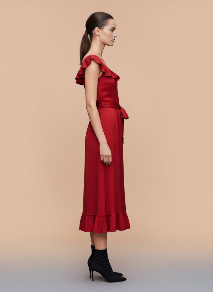 Women’s Luxury European Satin Crimson Red Midi Dress