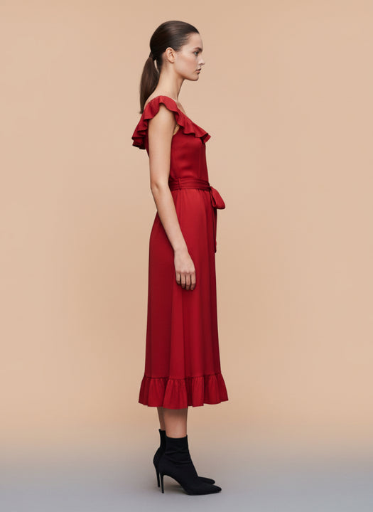 Women’s Luxury European Satin Crimson Red Midi Dress