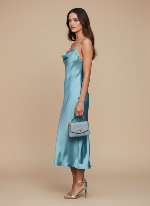 Satin Midi Dress Aqua Spaghetti Strap