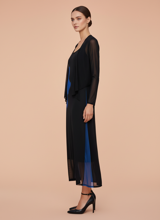 Elegant Black & Blue Sheer Layered Midi Dress for Women