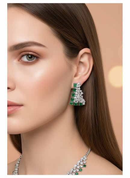 Luxury Green & White Cubic Zirconia Necklace Set with Earrings for Women