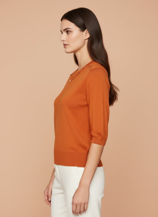 Burnt Orange Beaded Neck Knit Top