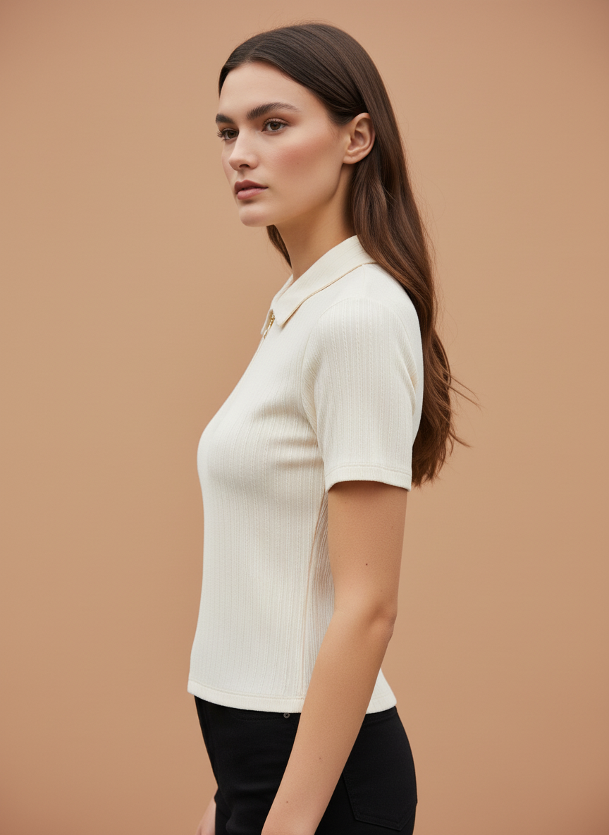 Women’s Off White Ribbed Knit Quarter Zip Polo T-Shirt
