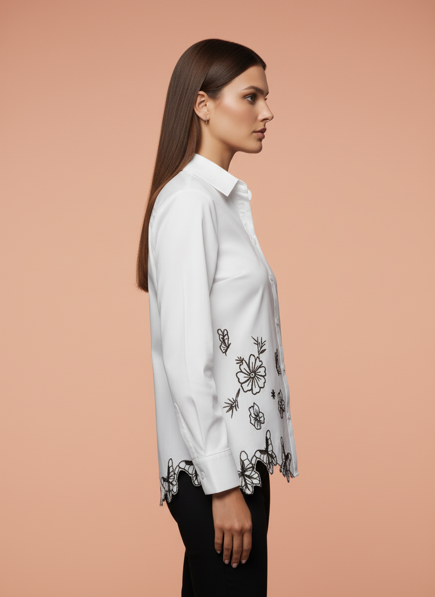 White Floral Butterfly Embroidered Cotton Shirt