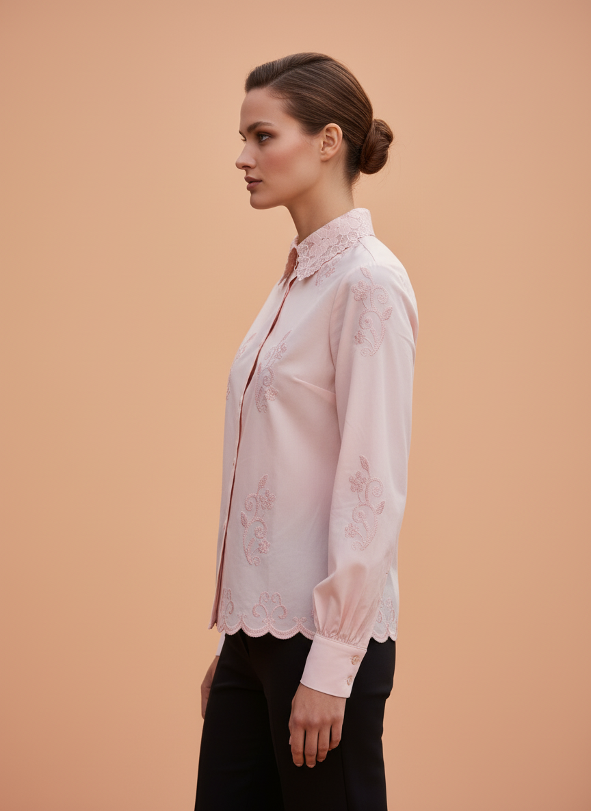 Elegant Pastel Pink Embroidered Women’s Shirt