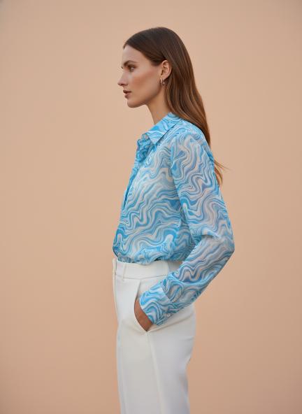 Premium Organza Blue And White Long Length Curved Hem Digital Print Shirt