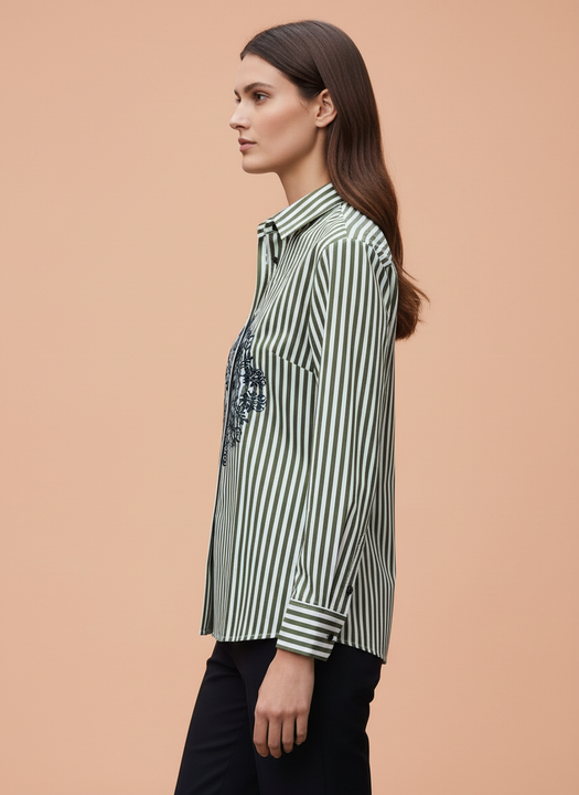 Olive Chic Striped Floral Embroidered Shirt