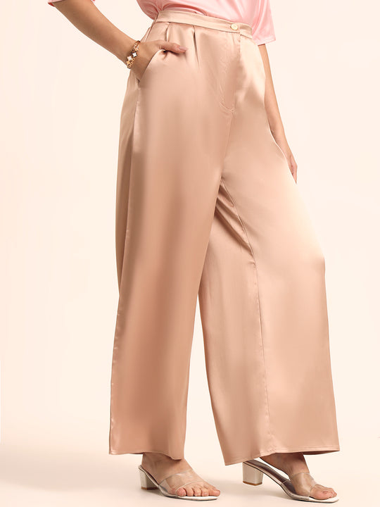 Luxury Satin Wide Leg Pants European Fabric  Peachy Pink Glam Look