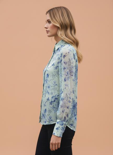 Premium Chiffon Blue And White Long Length Curved Hem Digital Print Shirt