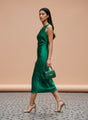 European Satin Emerald Green Midi Dress