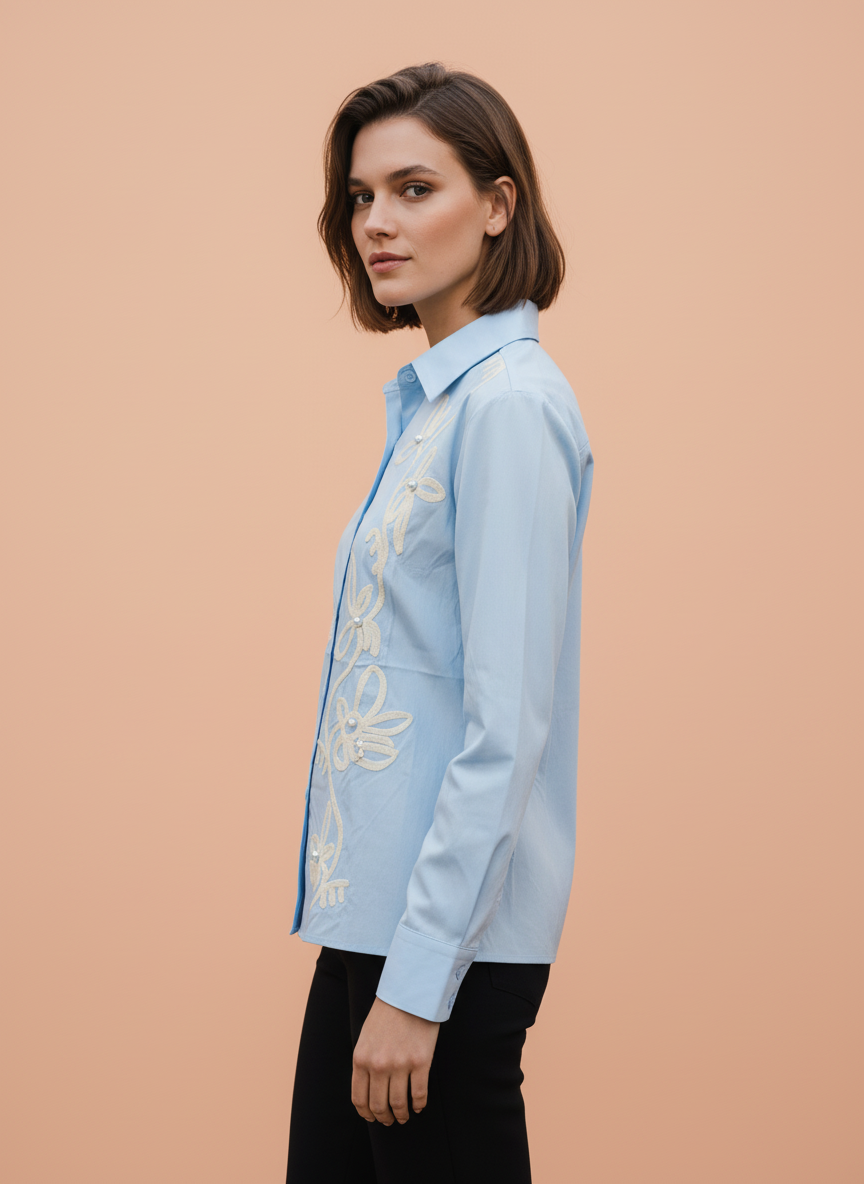 Elegant Sky Blue Embroidered Shirt for Women