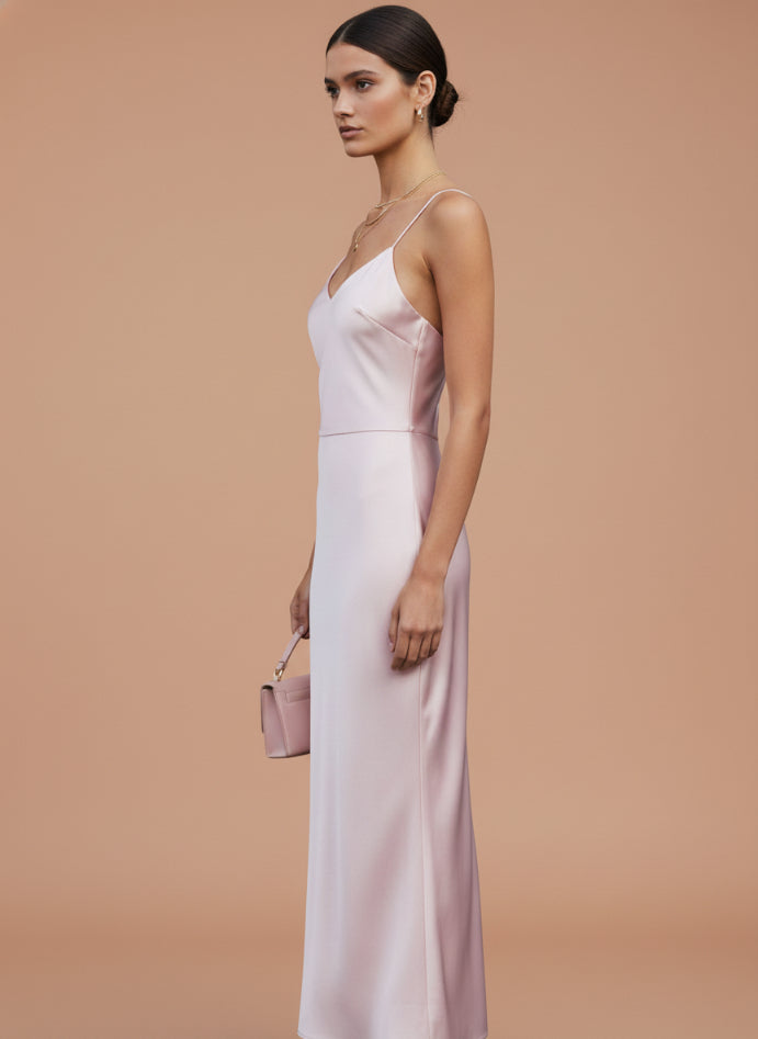 Women’s Luxury European Satin Blush Pink Midi Dress