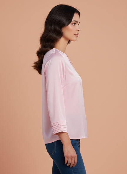European Satin V Neck Long Sleeve Top