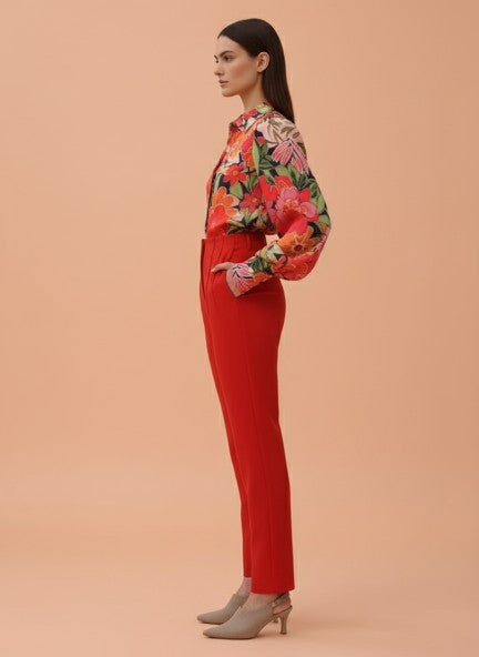 Banana Crepe Mars Red Skin Fit With Multi Pleated Trouser