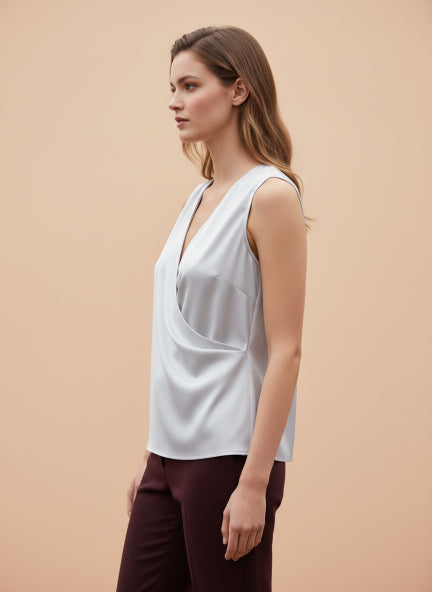 European Satin V Neck Pleated Sleeveless Top