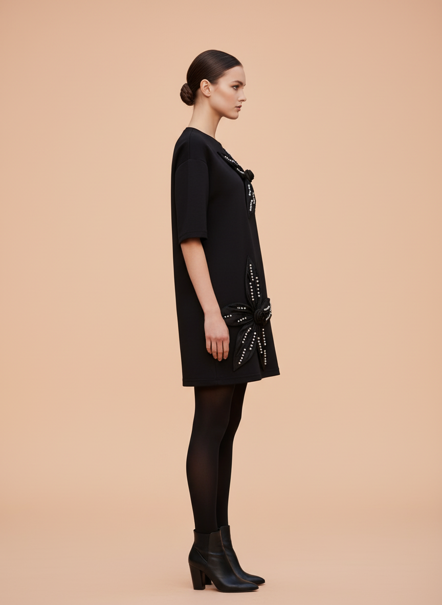 Elegant Black Floral Applique Oversized T-Shirt for Women