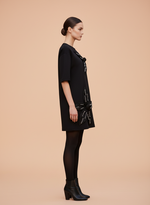 Elegant Black Floral Applique Oversized T-Shirt for Women
